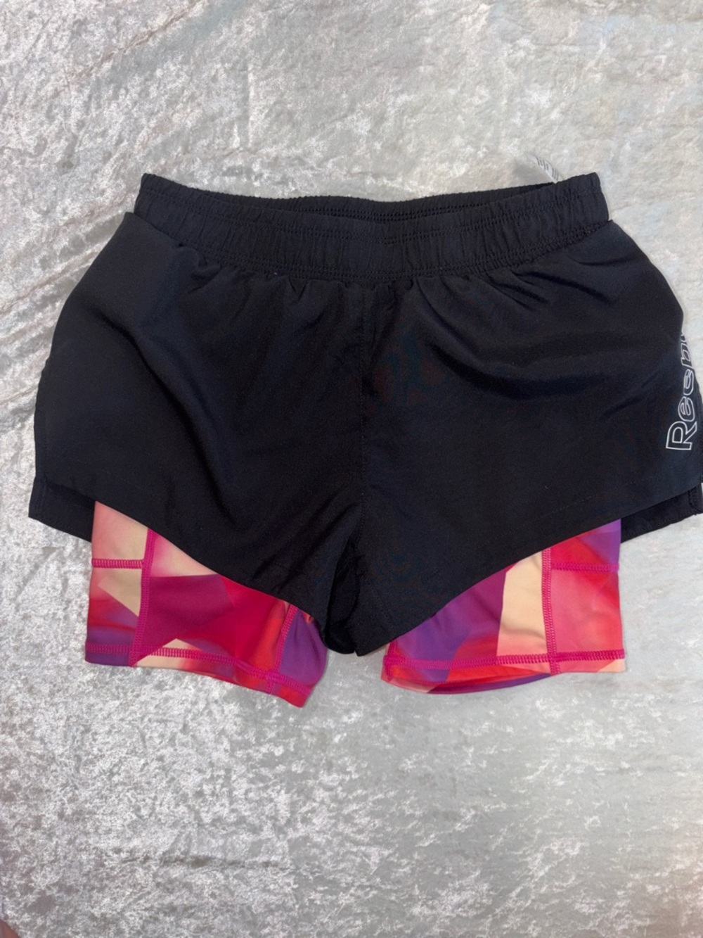 Reebok Black Athletic Shorts with Pink & Purple Geo Liner